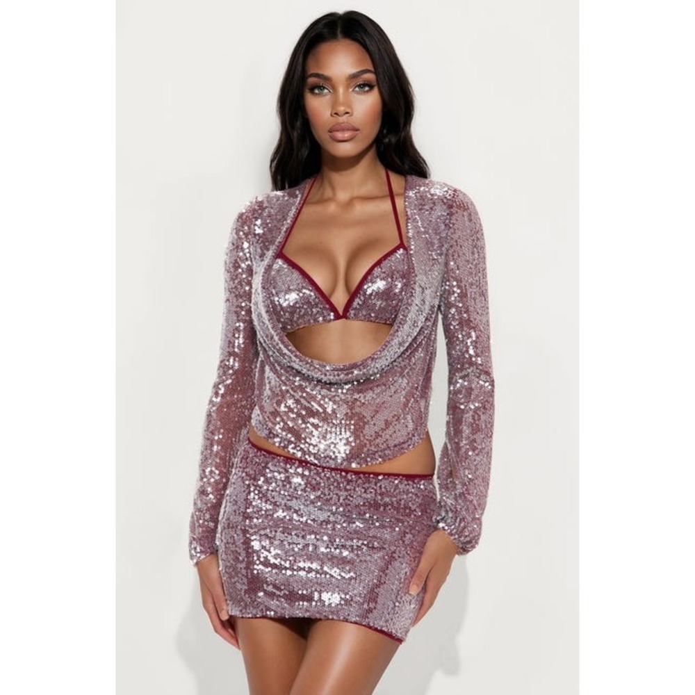 Fashion Nova Mauve Sequin Cowl Neck Long Sleeve Crop Top XL NWT